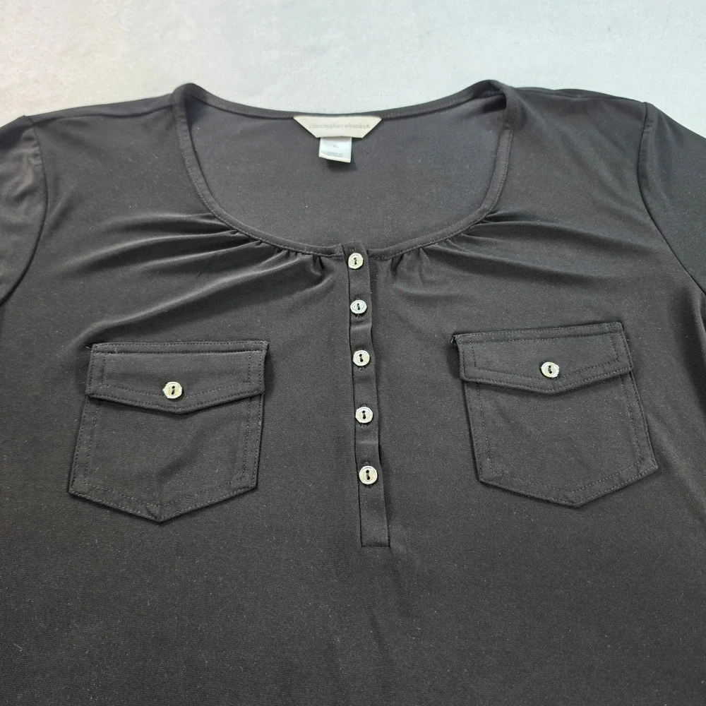 Christopher & Banks Womens XL Black 3/4 Roll Tab Sleeve Henley Blouse Knit Top